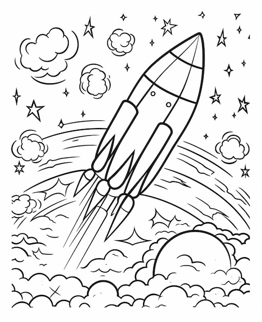 Black and white drawing of a rocket flying in the sky.