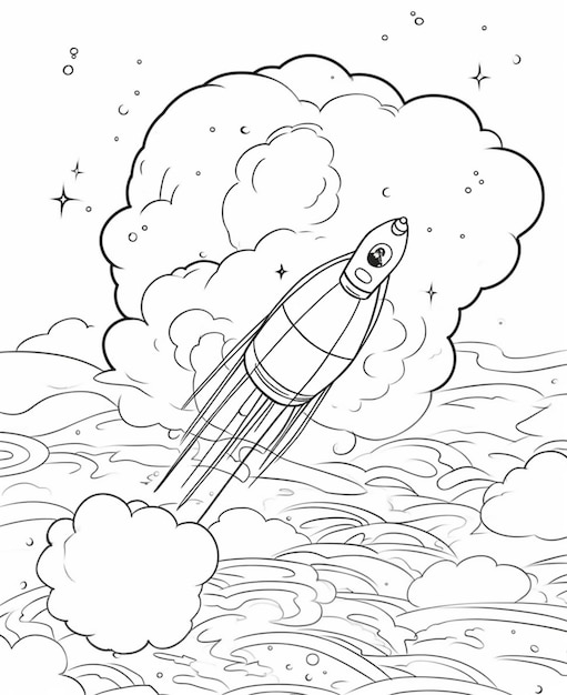 A black and white drawing of a rocket flying through the clouds.