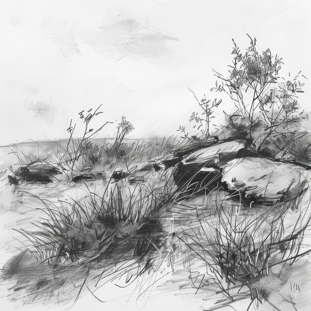 A black and white drawing of a rocky field with a tree in the foreground