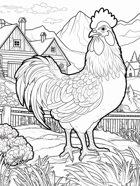 a black and white drawing of a rooster standing in a field generative ai