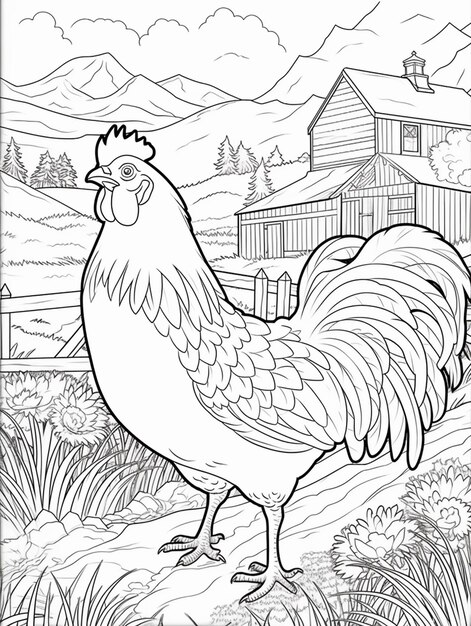 a black and white drawing of a rooster standing in front of a barn generative ai