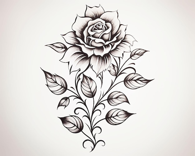 A black and white drawing of a rose with leaves and leaves.