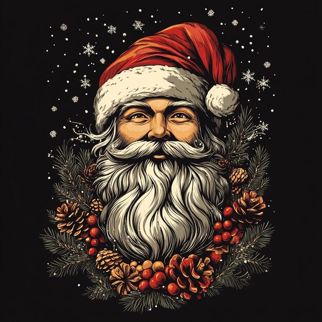 a black and white drawing of a santa claus with a wreath around his neck