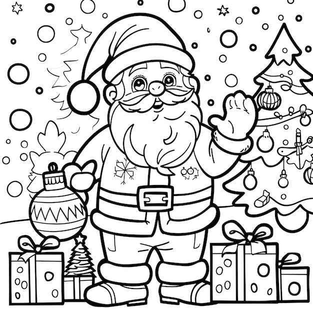 Photo a black and white drawing of a santa with a christmas tree and presents