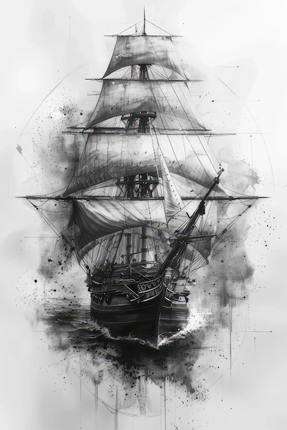 Photo a black and white drawing of a ship with a black and white image