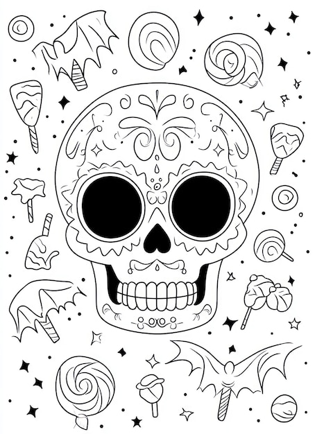 Photo a black and white drawing of a skull and candy canes