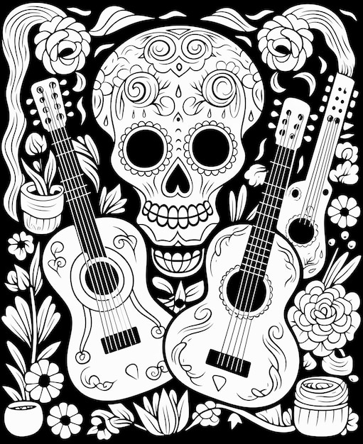 a black and white drawing of a skull and guitar