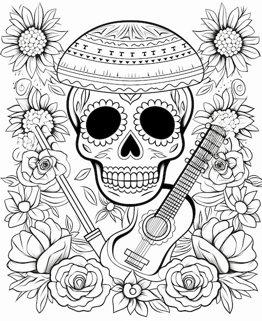 a black and white drawing of a skull and a skull with flowers and a guitar