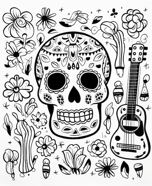 a black and white drawing of a skull and a skull with flowers and a skull