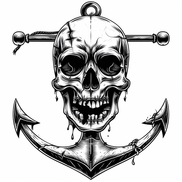 a black and white drawing of a skull with an anchor generative ai