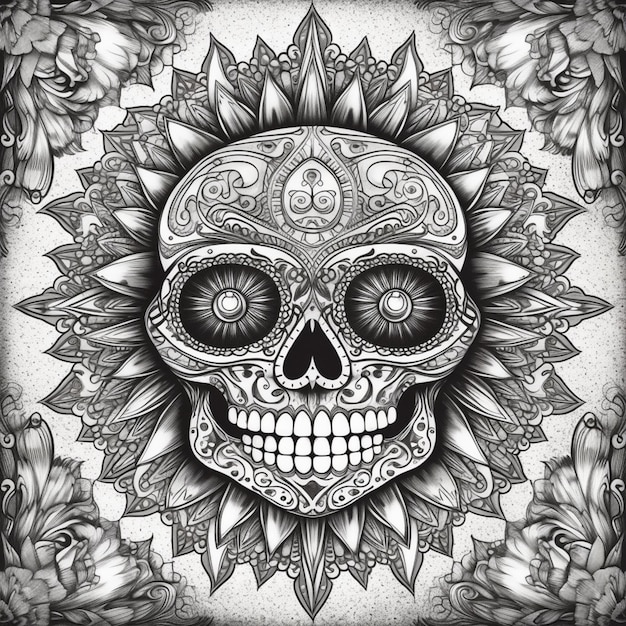 A black and white drawing of a skull with floral designs.