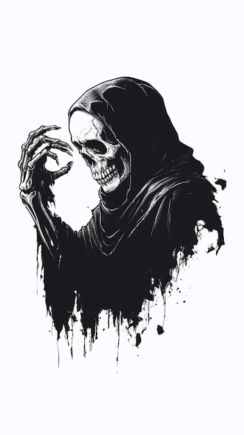 a black and white drawing of a skull with a hood on it