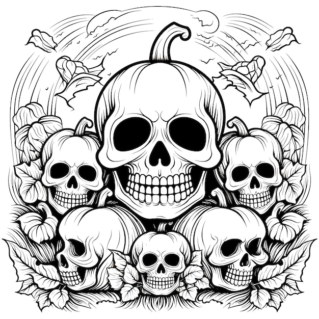 a black and white drawing of skulls and skulls with flowers in the middle