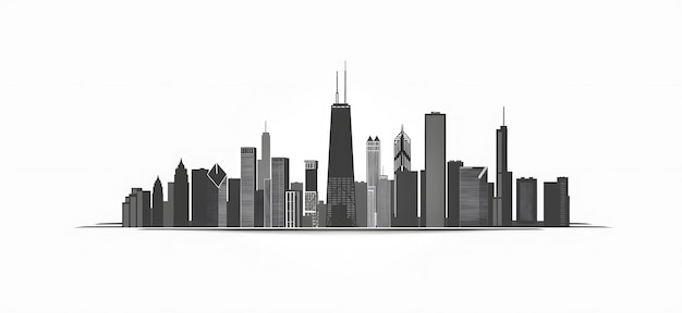 a black and white drawing of a skyline with a city in the background