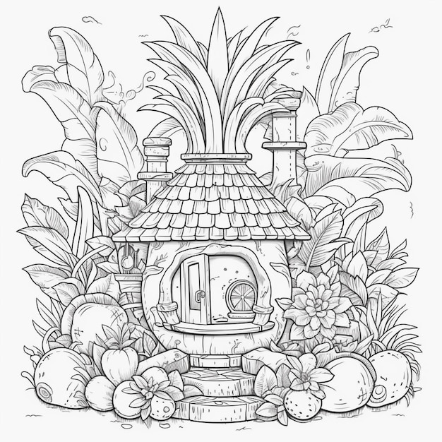 A black and white drawing of a small house surrounded by plants generative ai