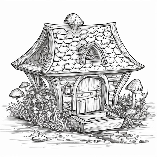 A black and white drawing of a small house with mushrooms generative ai