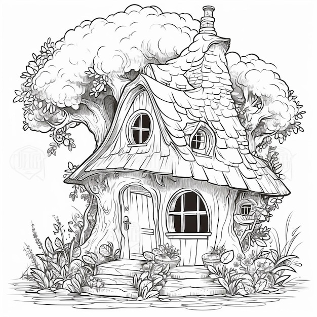 A black and white drawing of a small house with a tree generative ai