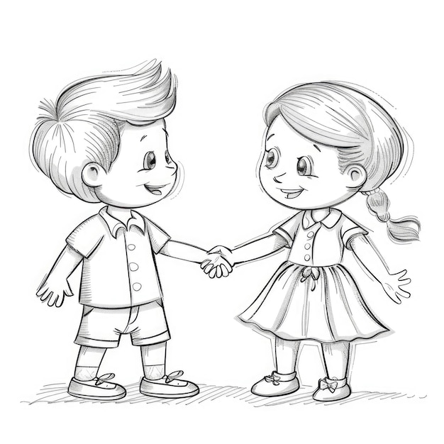 Photo black and white drawing of a smiling boy and girl shaking hands radiating friendship