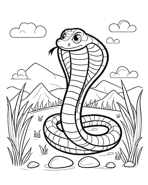 a black and white drawing of a snake with mountains in the background