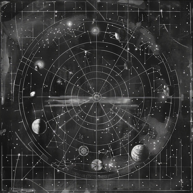 A black and white drawing of the solar system with a large circle in the middle