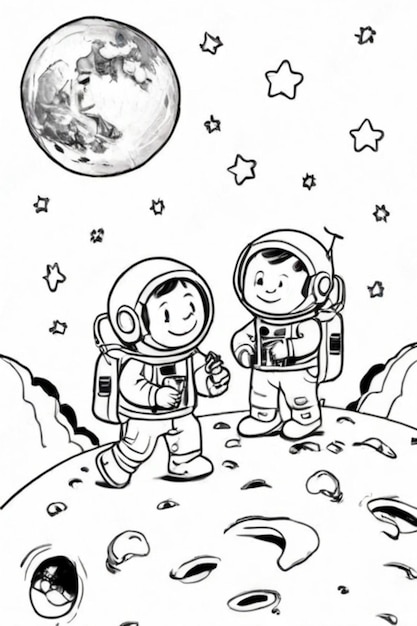 a black and white drawing of a space shuttle and an astronaut on the moon