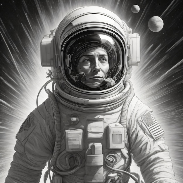 A black and white drawing of a space suit with a man in a space suit.