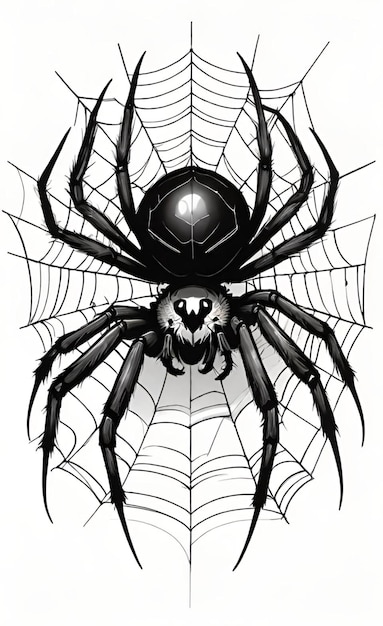 Photo a black and white drawing of a spider with a spider web in the middle