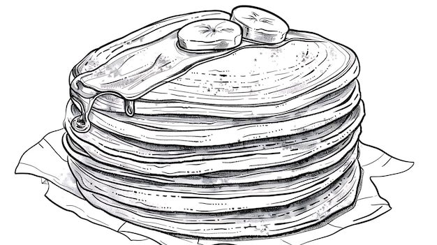 Photo a black and white drawing of a stack of pancakes with a lemon on the top