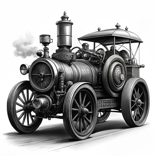 a black and white drawing of a steam engine