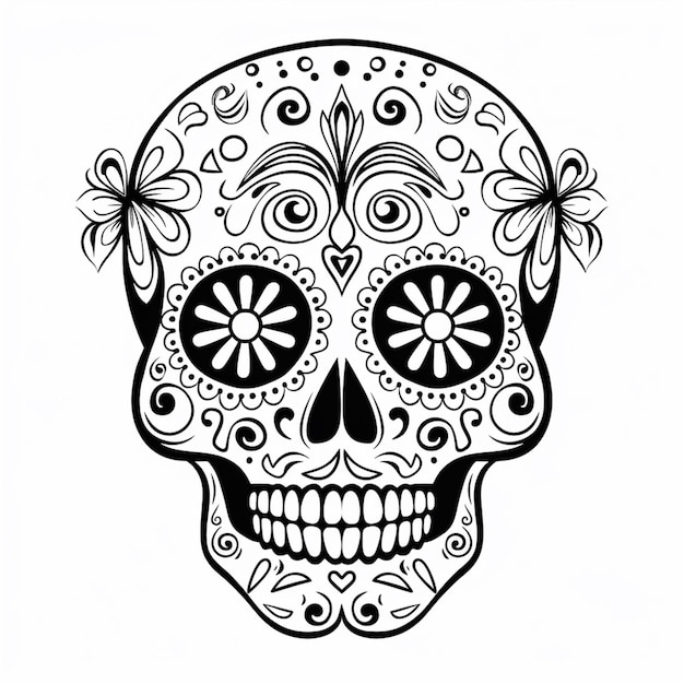 Photo a black and white drawing of a sugar skull with a butterfly generative ai