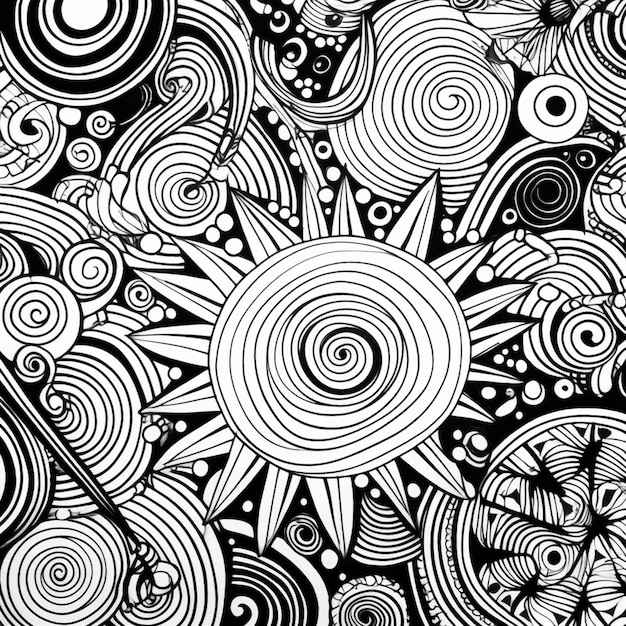 A black and white drawing of a sun surrounded by circles generative ai