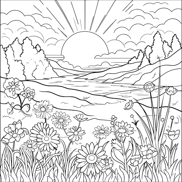 a black and white drawing of a sun with flowers and a sun in the background