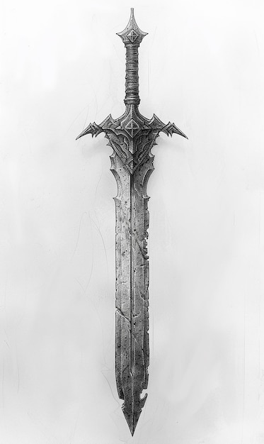 a black and white drawing of a sword with a stone on it