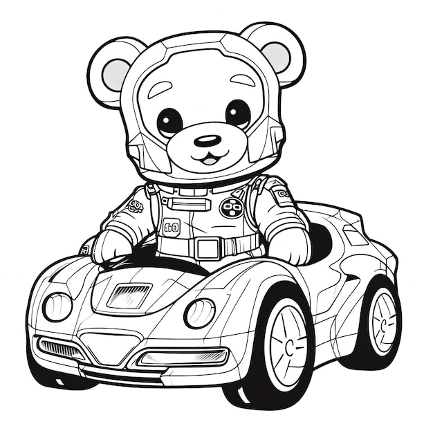 Photo a black and white drawing of a teddy bear riding a toy car