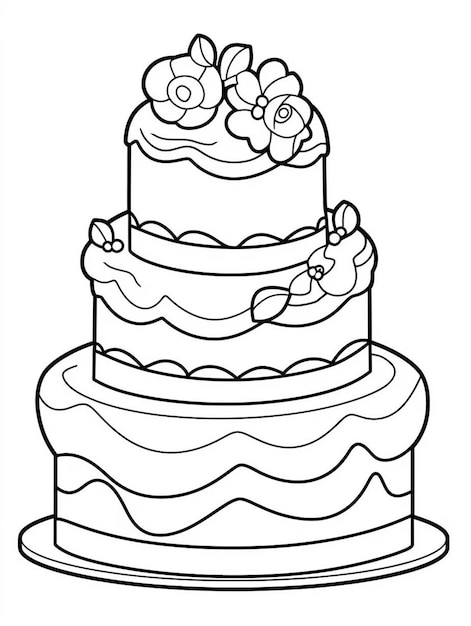 a black and white drawing of a three layer cake with flowers on top generative ai