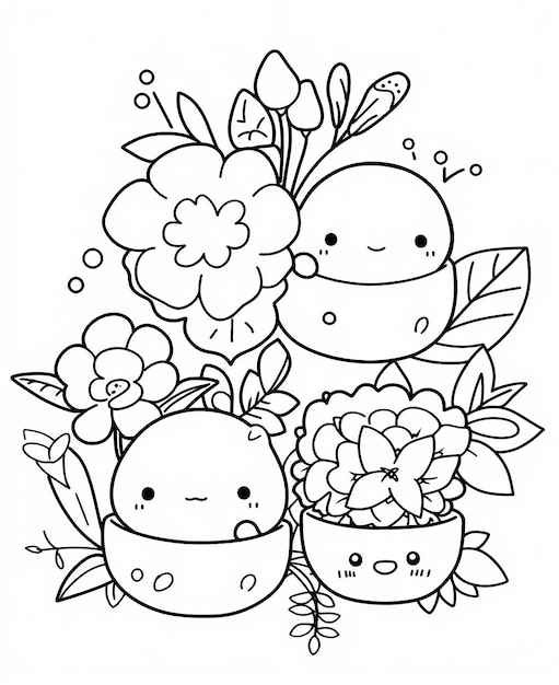 A black and white drawing of three little monsters with flowers.