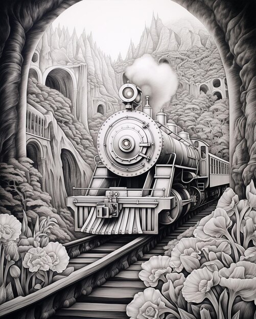 Black and White Drawing of a Train Coming