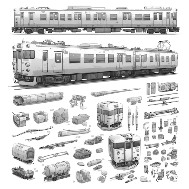 Photo a black and white drawing of a train with a train on it