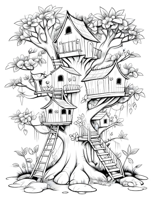 Photo a black and white drawing of a tree house with a tree house on the top