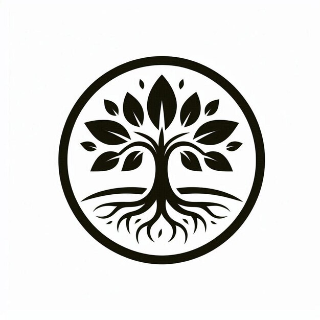 a black and white drawing of a tree with a leaf design on it