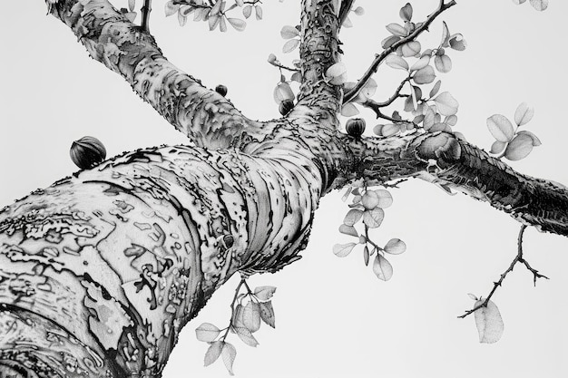 Photo a black and white drawing of a tree with nuts on it