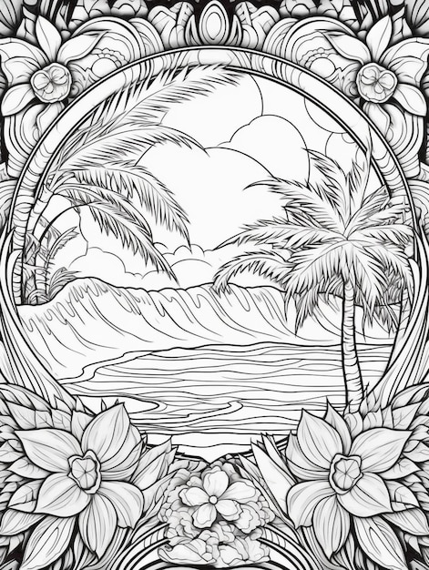 a black and white drawing of a tropical scene with palm trees generative ai