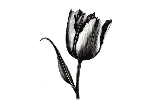 Black and white drawing of a tulip on a white background.