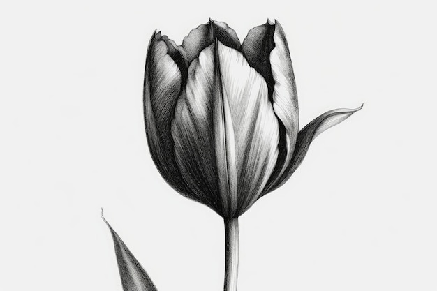 A black and white drawing of a tulip with the leaves on the stem.