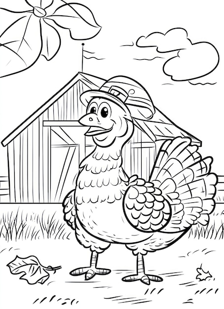 Photo a black and white drawing of a turkey with a hat on it