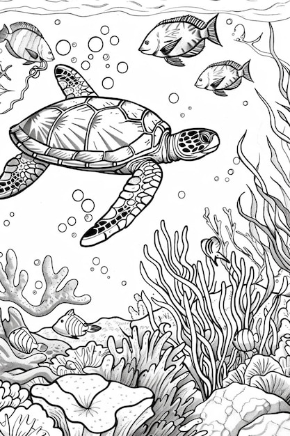 a black and white drawing of a turtle swimming in the ocean generative ai