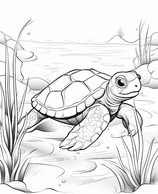 A black and white drawing of a turtle swimming in the water generative ai