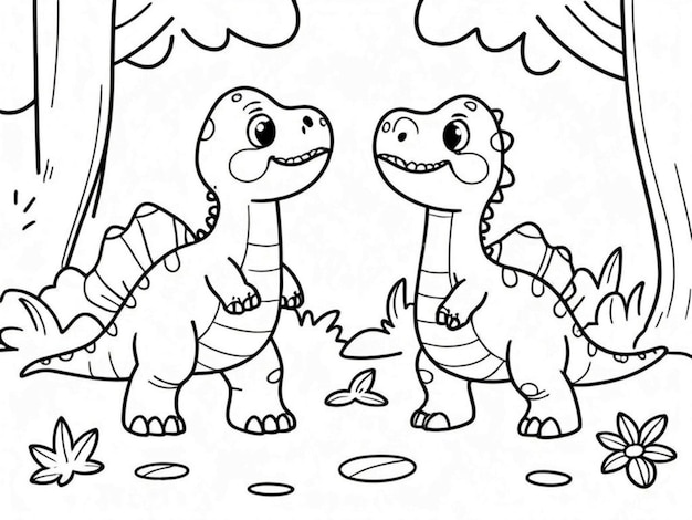 a black and white drawing of two dinosaurs next to a tree