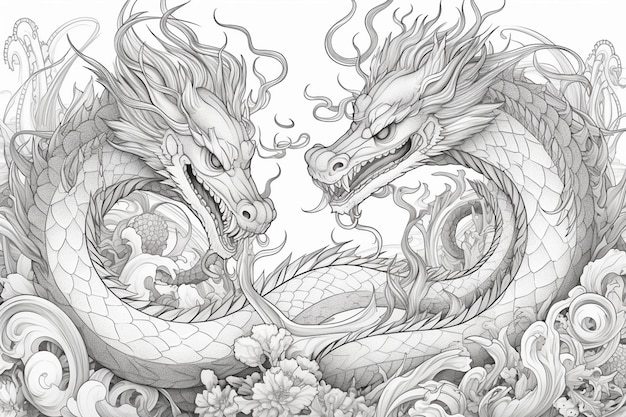 A black and white drawing of two dragons with flowers and the words dragon on the front.