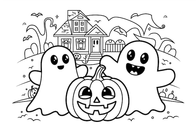 Photo a black and white drawing of two pumpkins with a house in the background